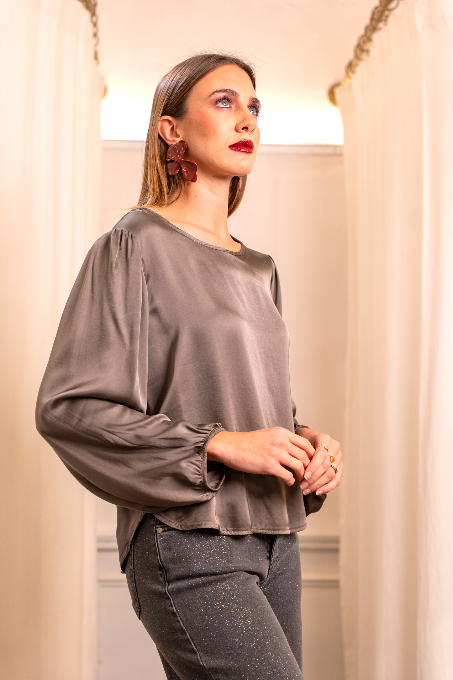 Blusa Raso Fango Viscosa - Manica Palloncino Personalizzabile Made in Italy