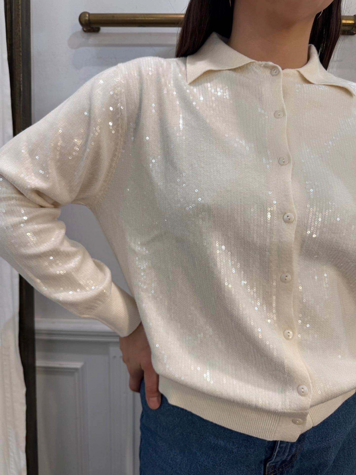 Cardigan Bianco con Paillettes Luminose