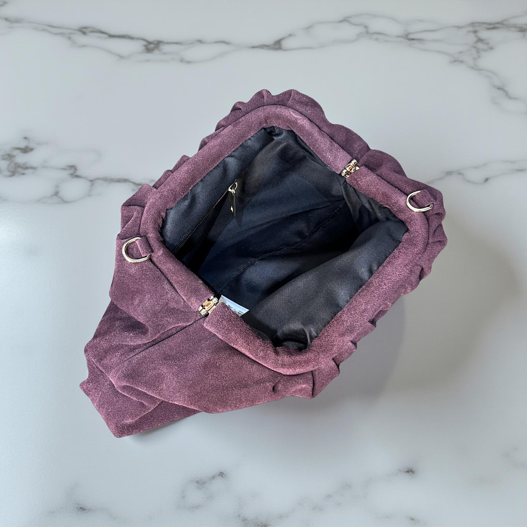 Plum Suede Ravioli Bag with Chain Shoulder Strap