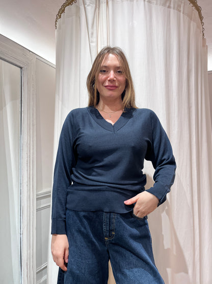 Maglione Scollo a V Blu Lana Merinos - Artigianale Made in Italy
