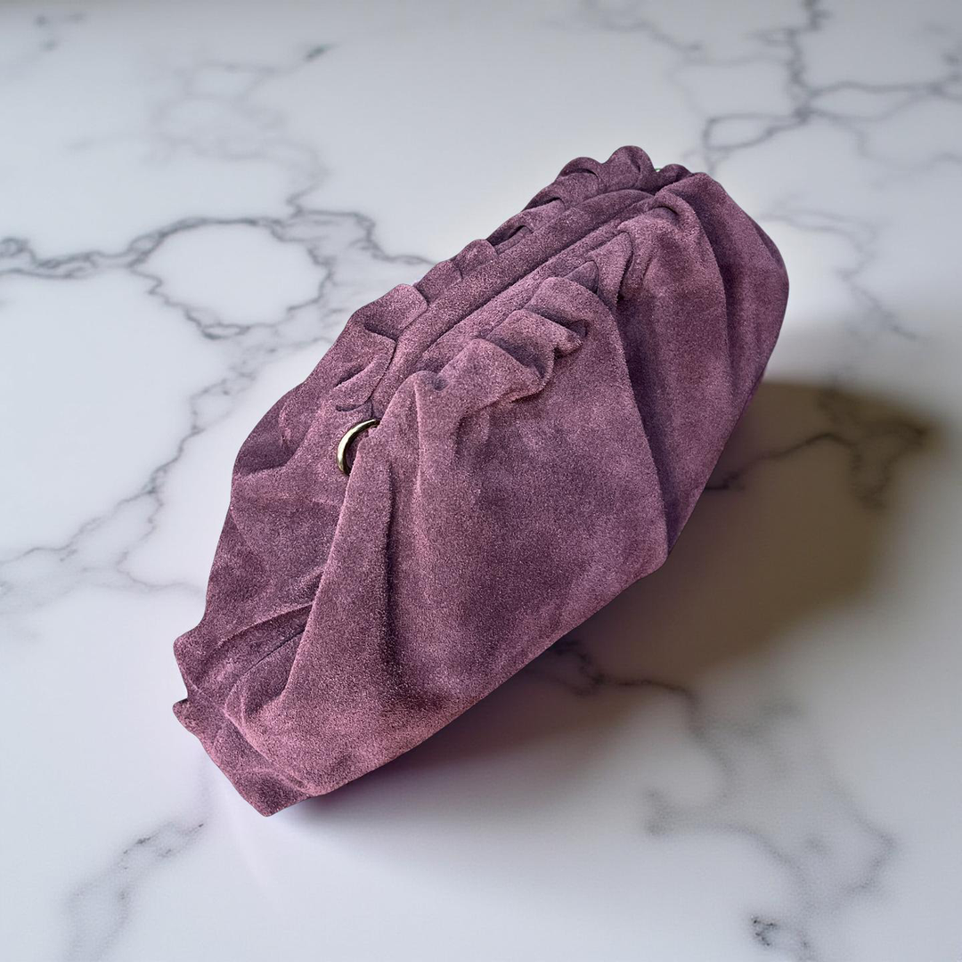 Plum Suede Ravioli Bag with Chain Shoulder Strap