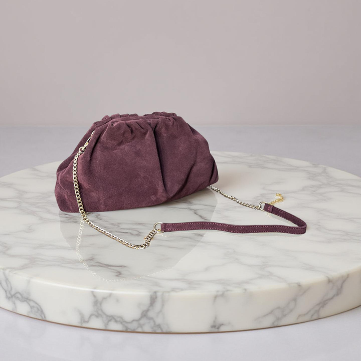 Plum Suede Ravioli Bag with Chain Shoulder Strap