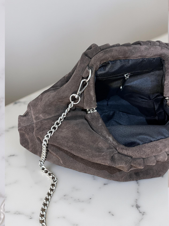 Plum Suede Clutch Bag with Chain Shoulder Strap