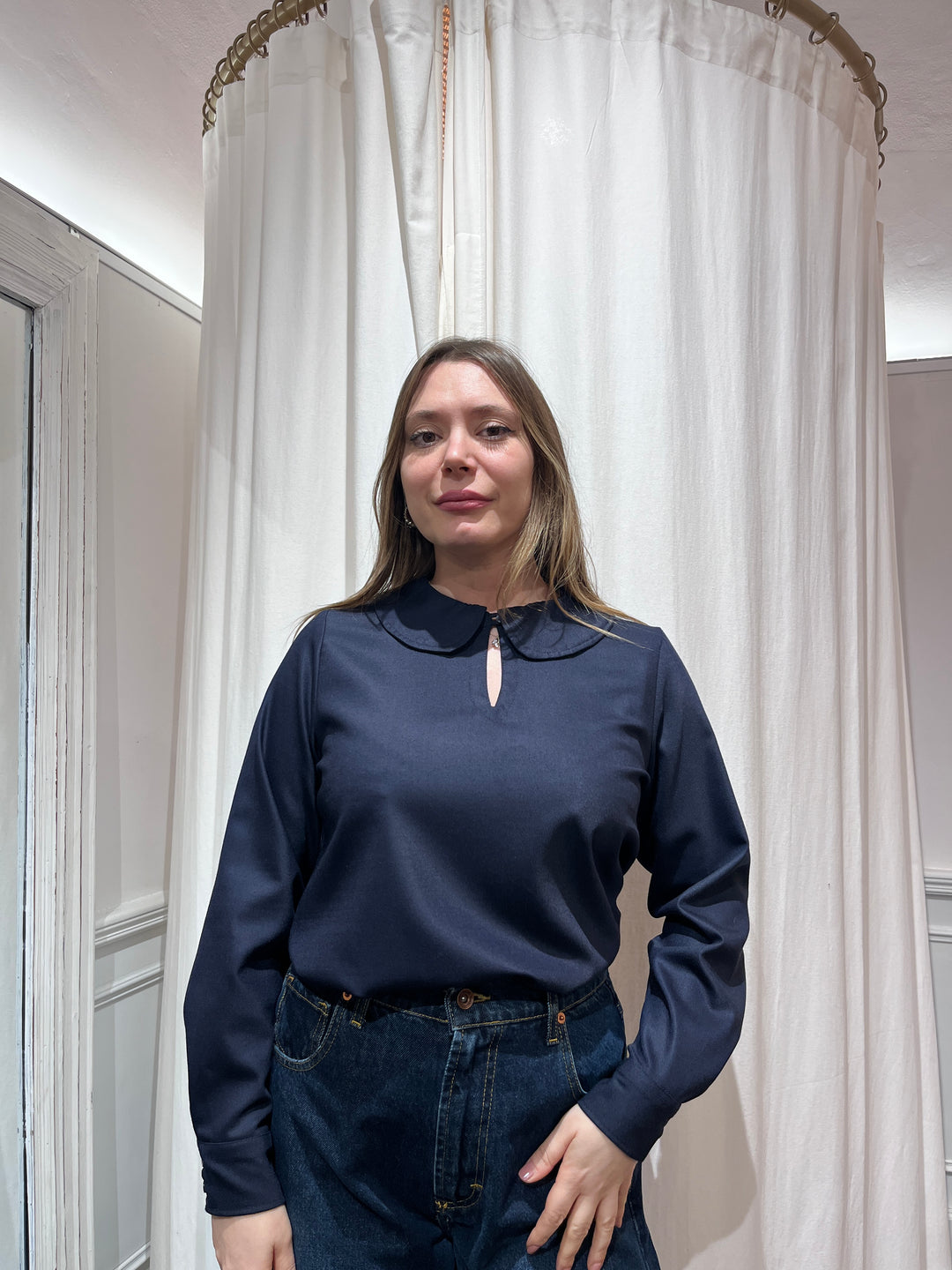 Tailored Baby Collar Shirt in Wool and Viscose - Blue