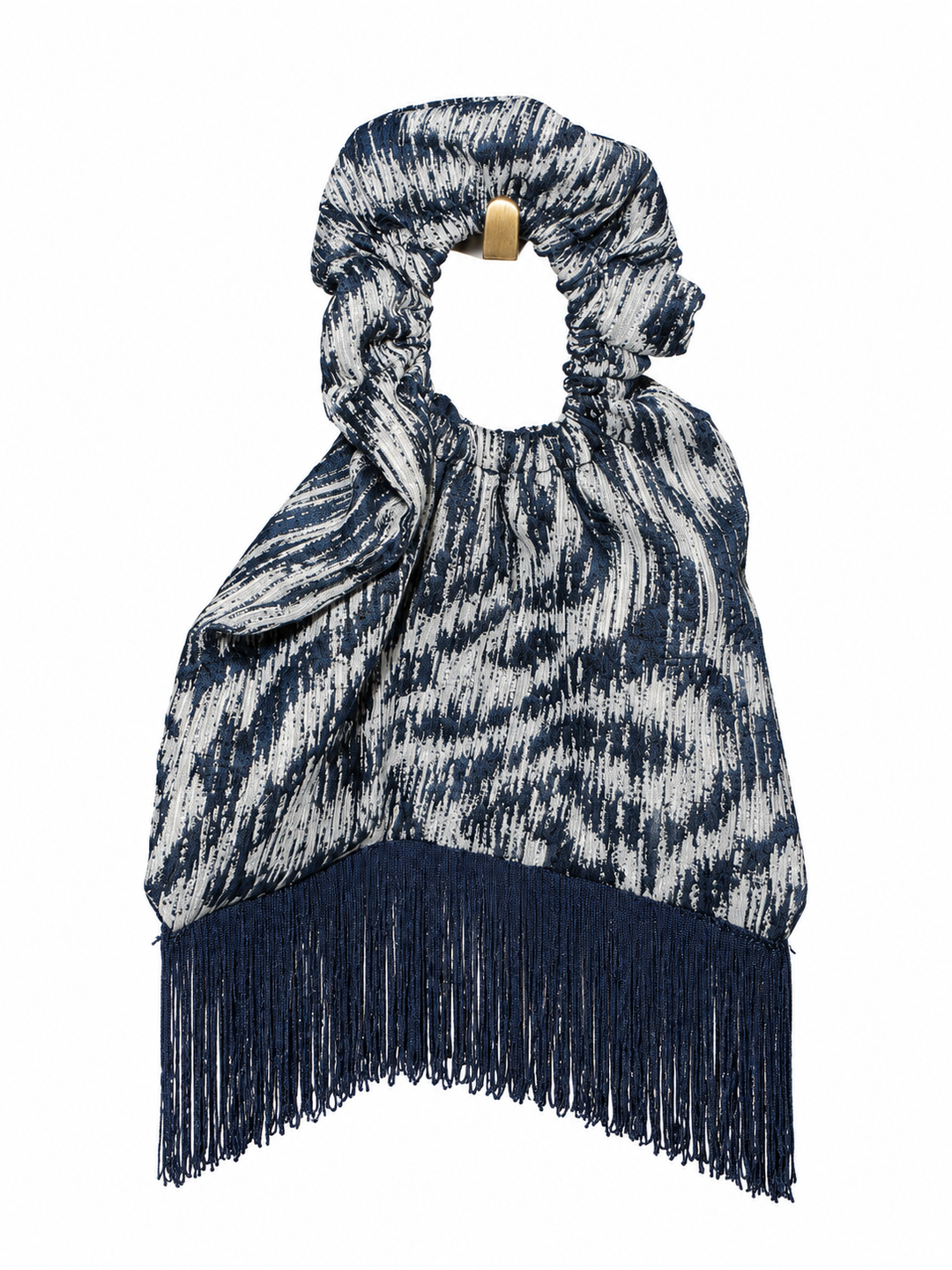 Borsa a mano in tessuto fantasia con frange blu