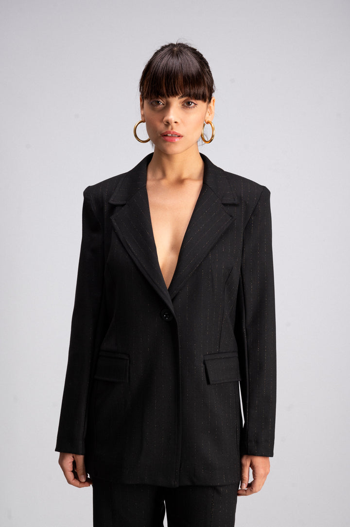 Black Pinstripe Tailored Jacket - Fitted with Padded Shoulder Pads Made in Italy
