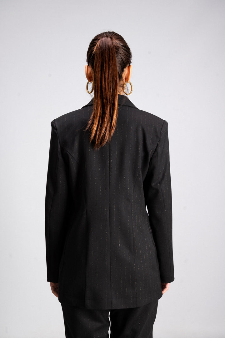 Black Pinstripe Tailored Jacket - Fitted with Padded Shoulder Pads Made in Italy