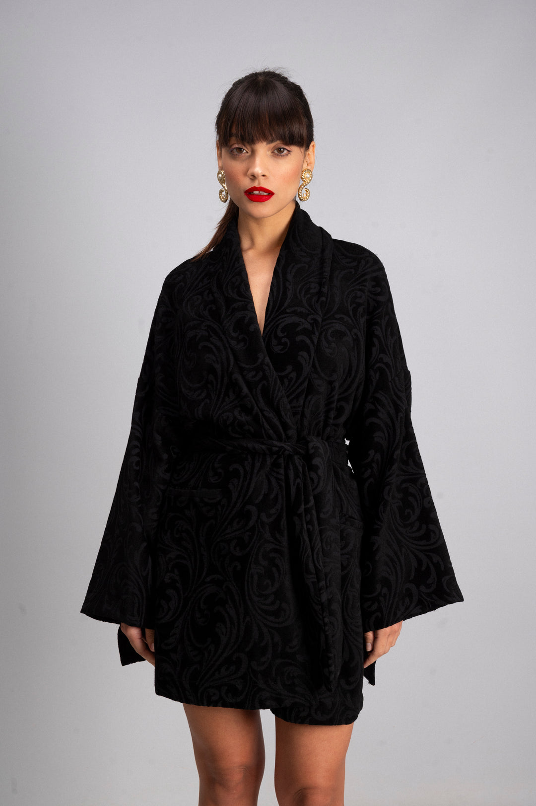 Damask Print Velvet Kimono - Wide Sleeves and Belt Made in Italy