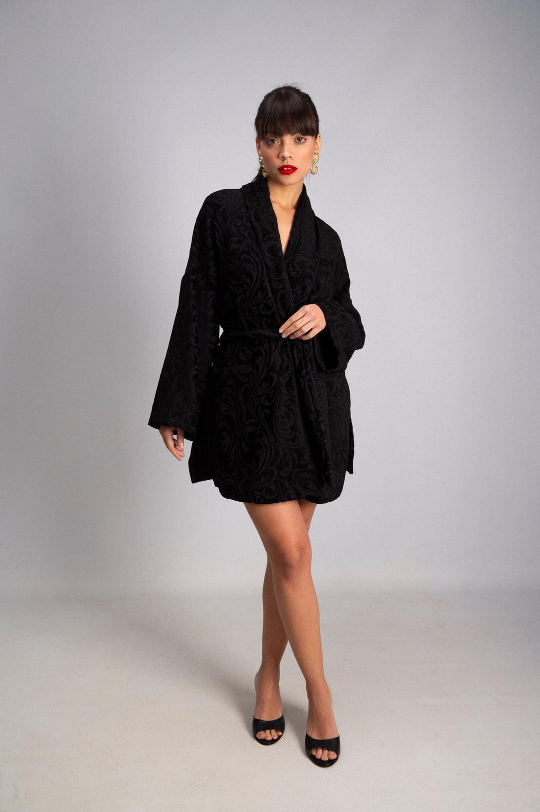 Damask Print Velvet Kimono - Wide Sleeves and Belt Made in Italy