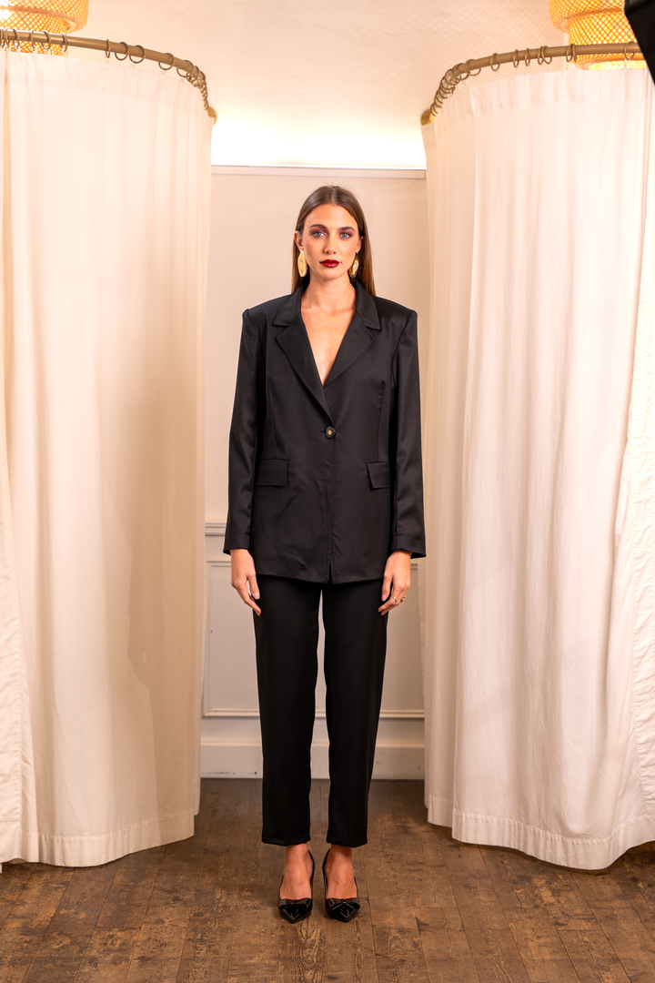 Laura Black Wool Silk Jacket - Customizable Button Shoulder Pads Made in Italy