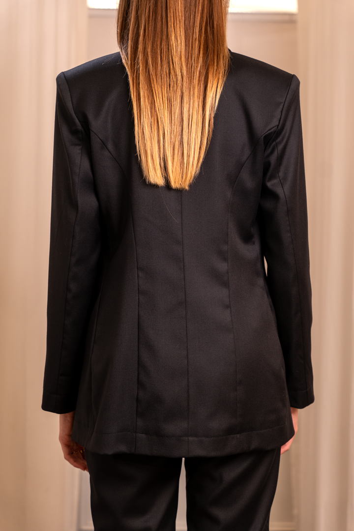 Laura Black Wool Silk Jacket - Customizable Button Shoulder Pads Made in Italy