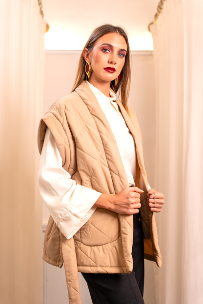 Gilet Piumino Beige Taglio Kimono - Tasche Spacchi Personalizzabile Made in Italy