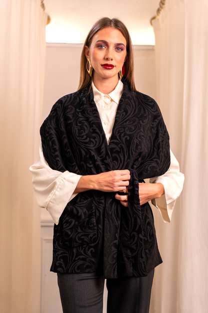 Gilet Kimono Nero Stampa Damascata - Cinta Tasche Personalizzabile Made in Italy