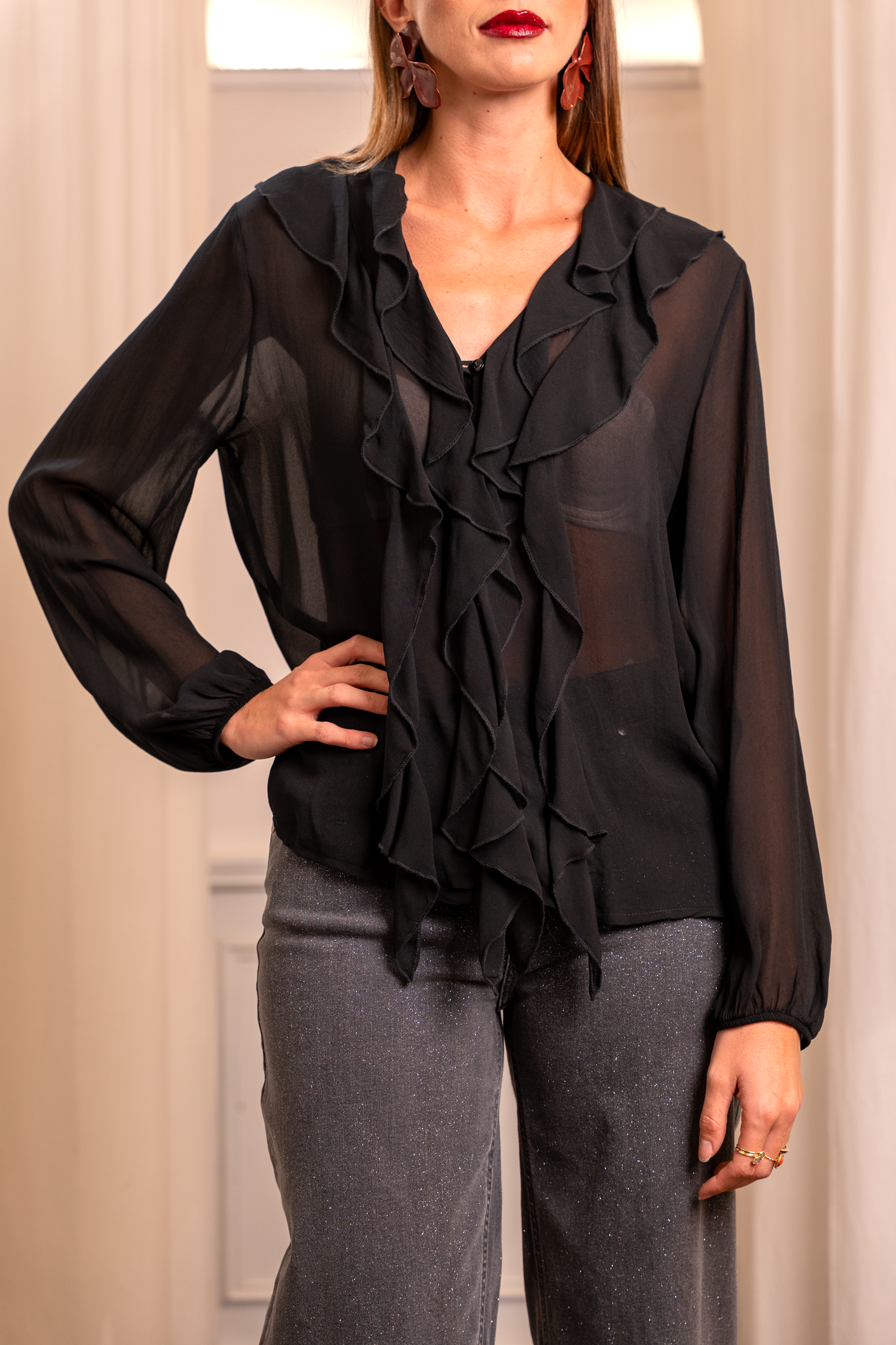 Camicia Boho Nera Viscosa - Rouches Manica Ampia Made in Italy