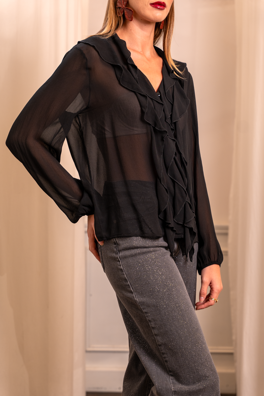 Black Viscose Boho Shirt - Wide Sleeve Ruffles Made in Italy