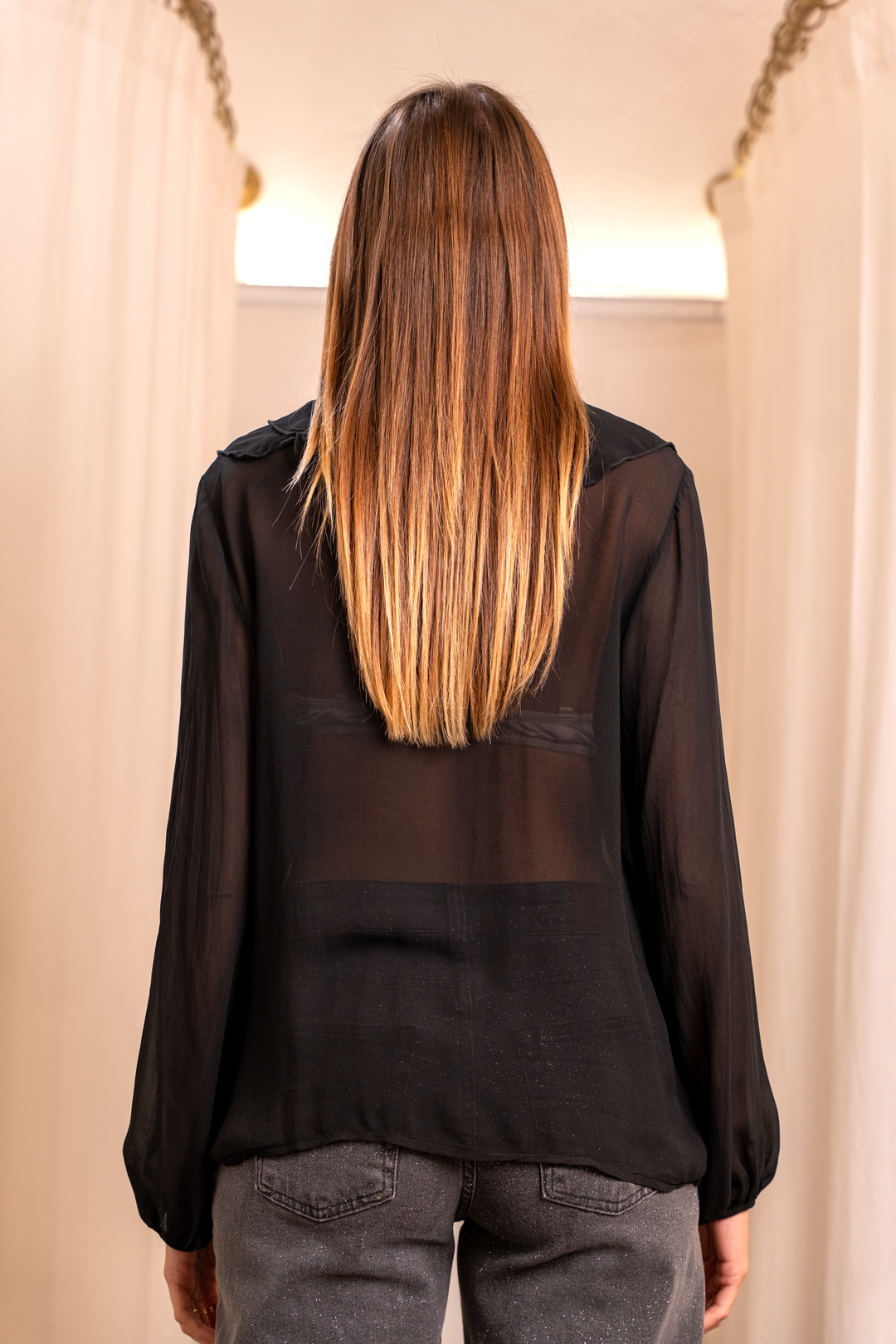 Black Viscose Boho Shirt - Wide Sleeve Ruffles Made in Italy