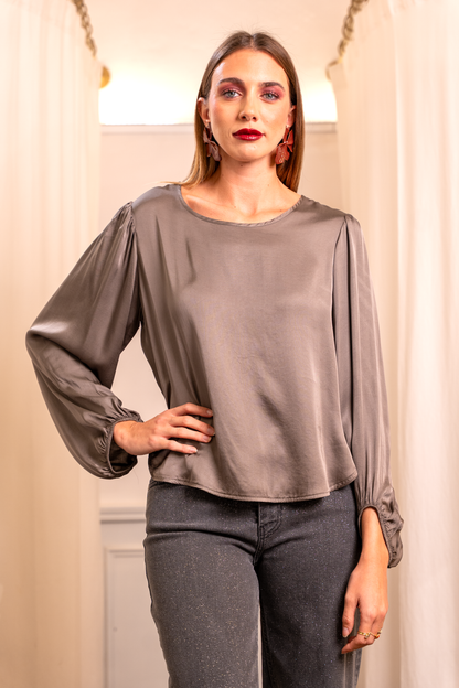 Blusa Raso Fango Viscosa - Manica Palloncino Personalizzabile Made in Italy