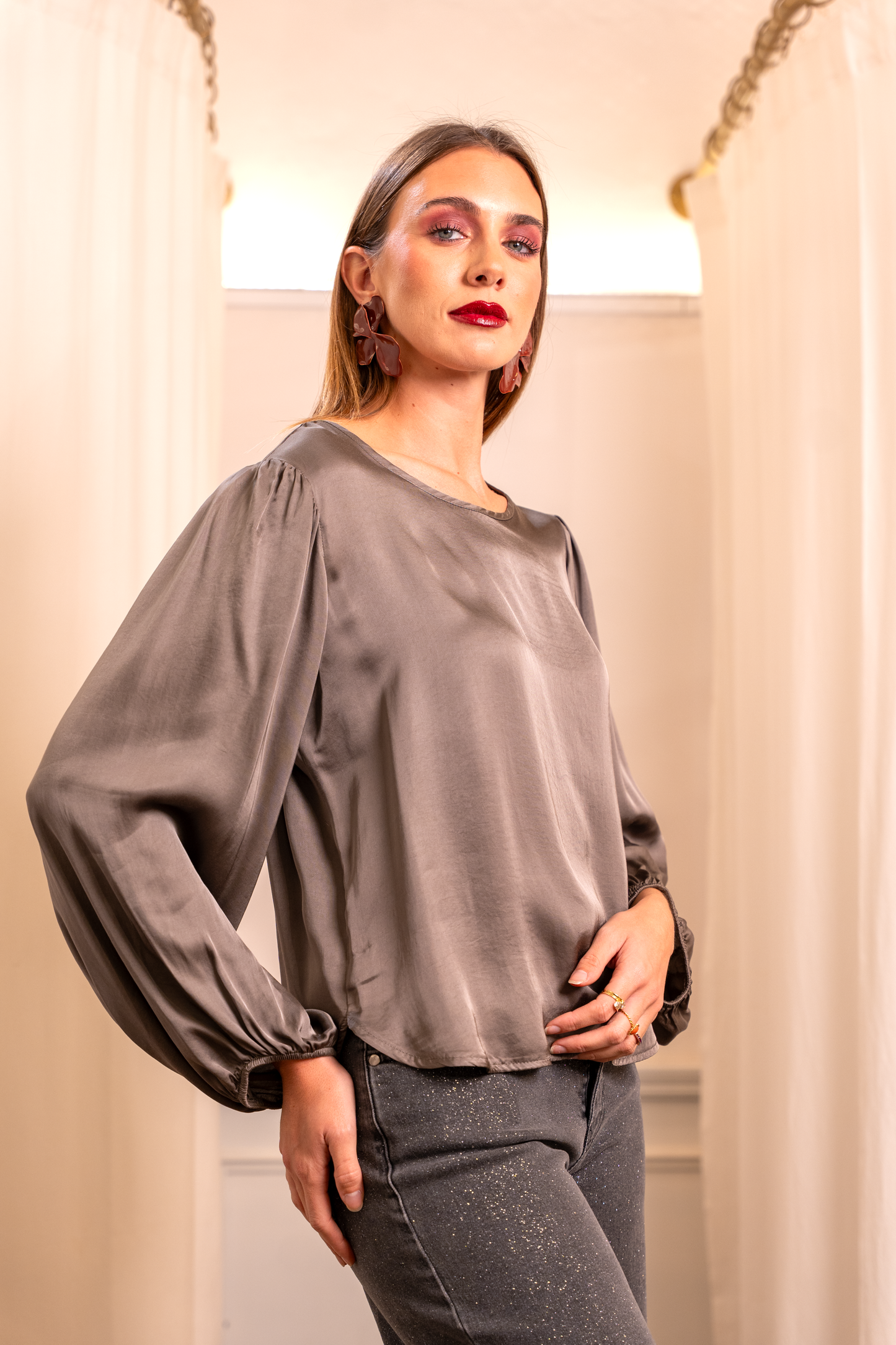 Blusa Raso Fango Viscosa - Manica Palloncino Personalizzabile Made in Italy