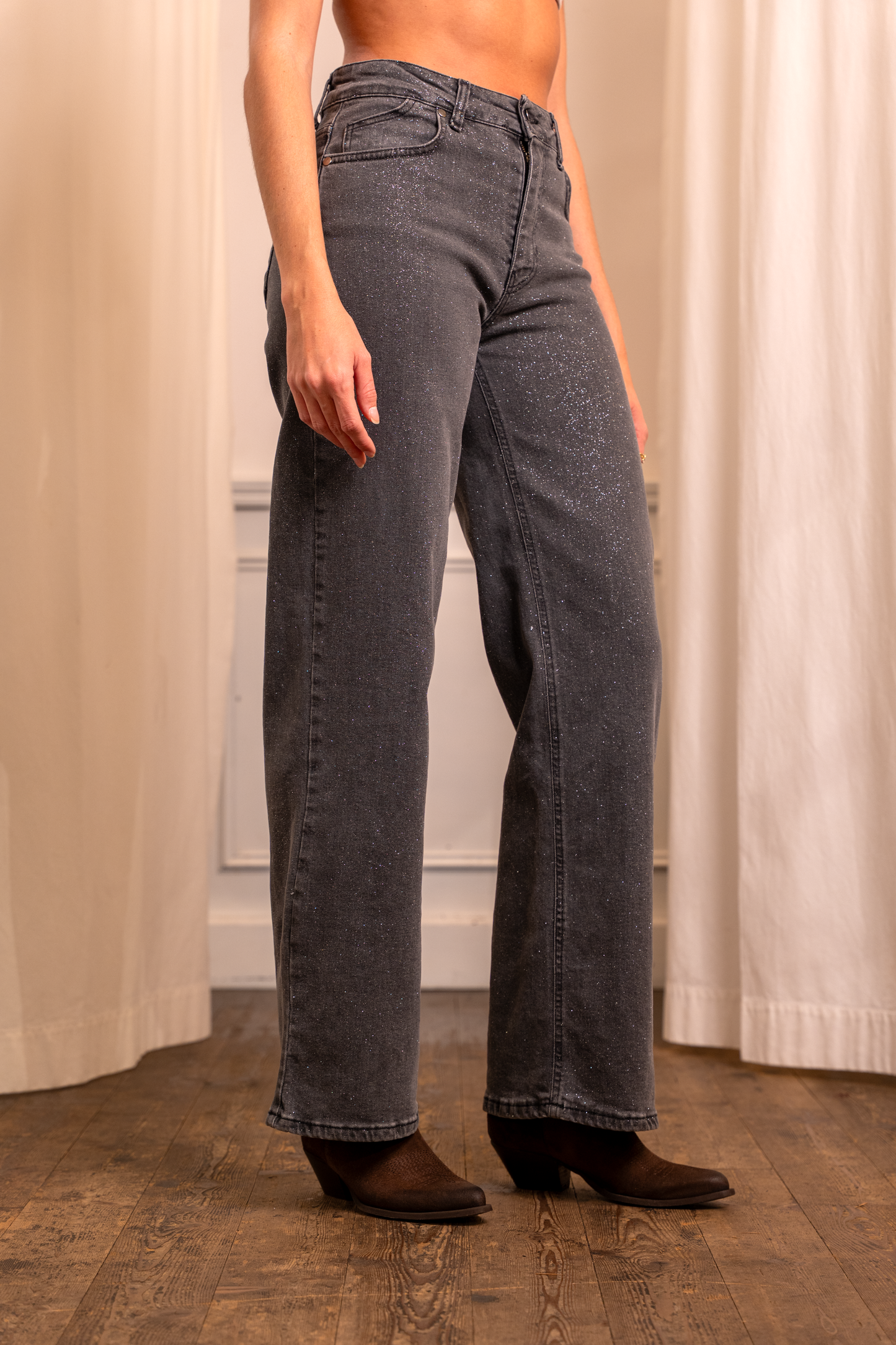 Jeans Glitterato Grigio Vita Alta - Gamba Ampia Elasticizzato Made in Italy