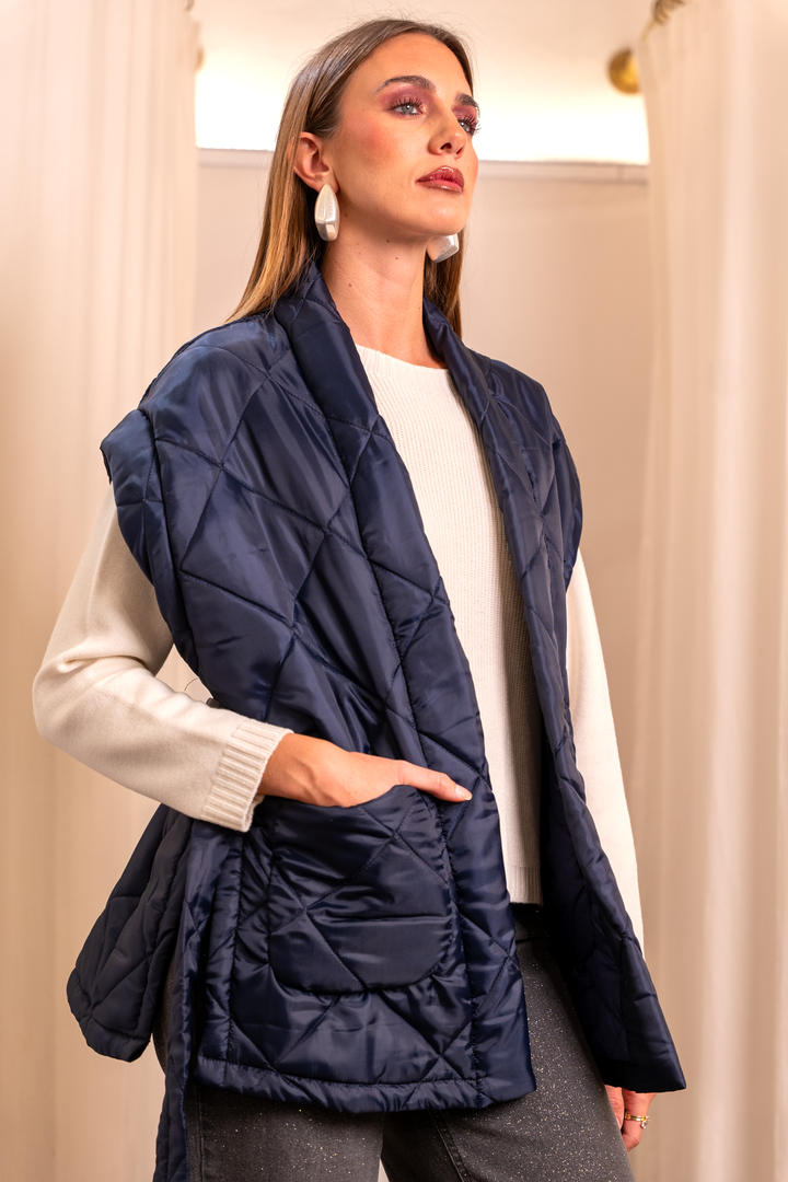 Gilet Piumino Blu Taglio Kimono - Tasche e Spacchi Made in Italy