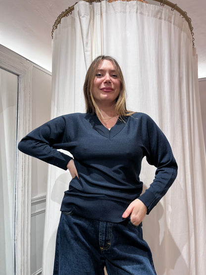 Maglione Scollo a V Blu Lana Merinos - Artigianale Made in Italy