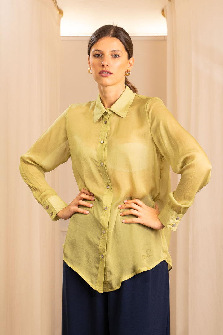 Camicia in Seta Pura Verde Acido
