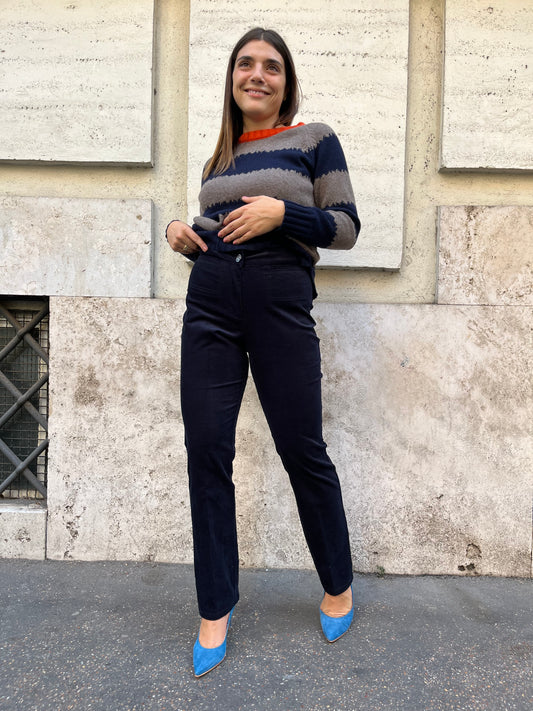 Pantalone Velluto Millerighe Blu Scuro