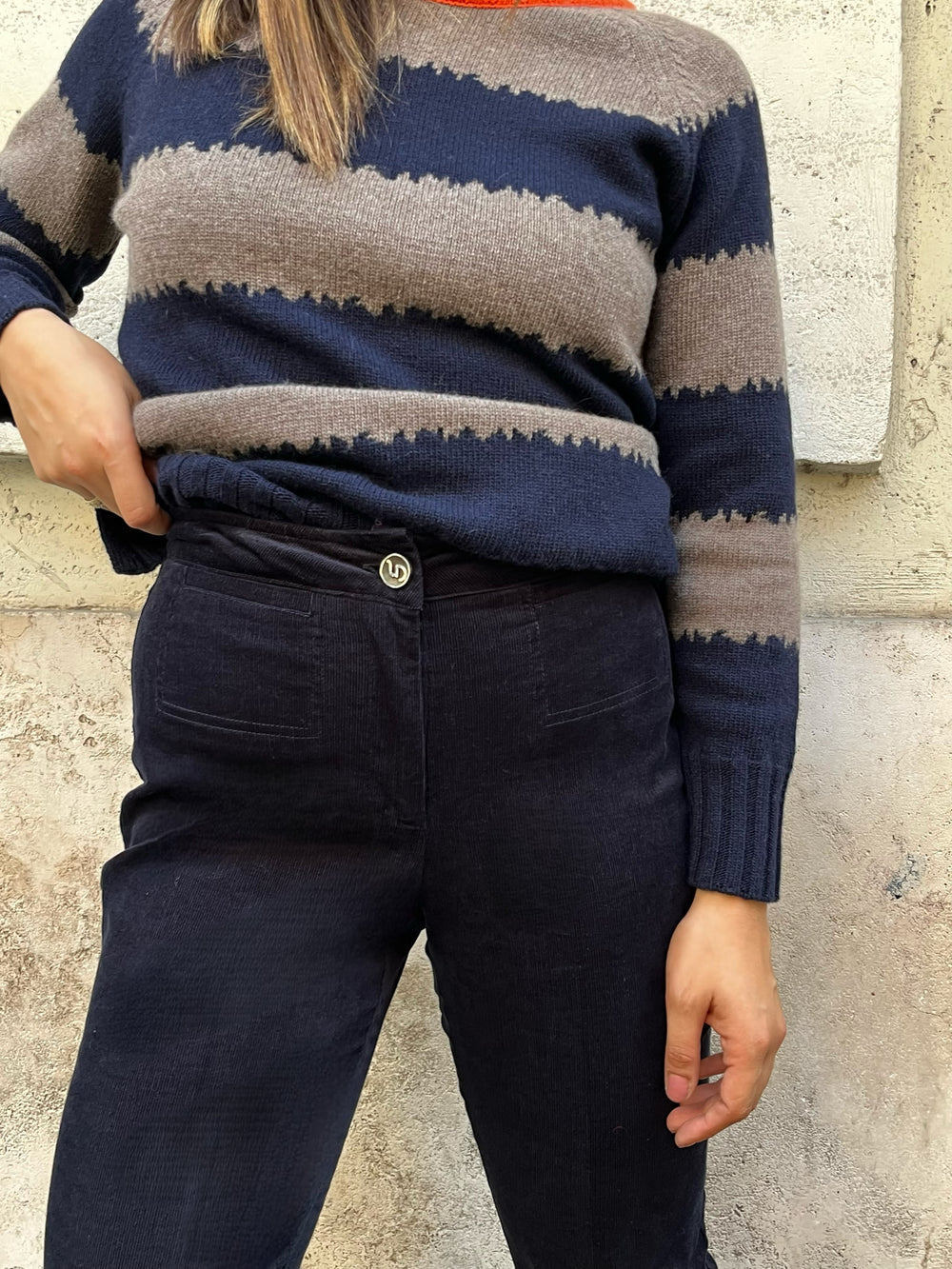 Pantalone Velluto Millerighe Blu Scuro