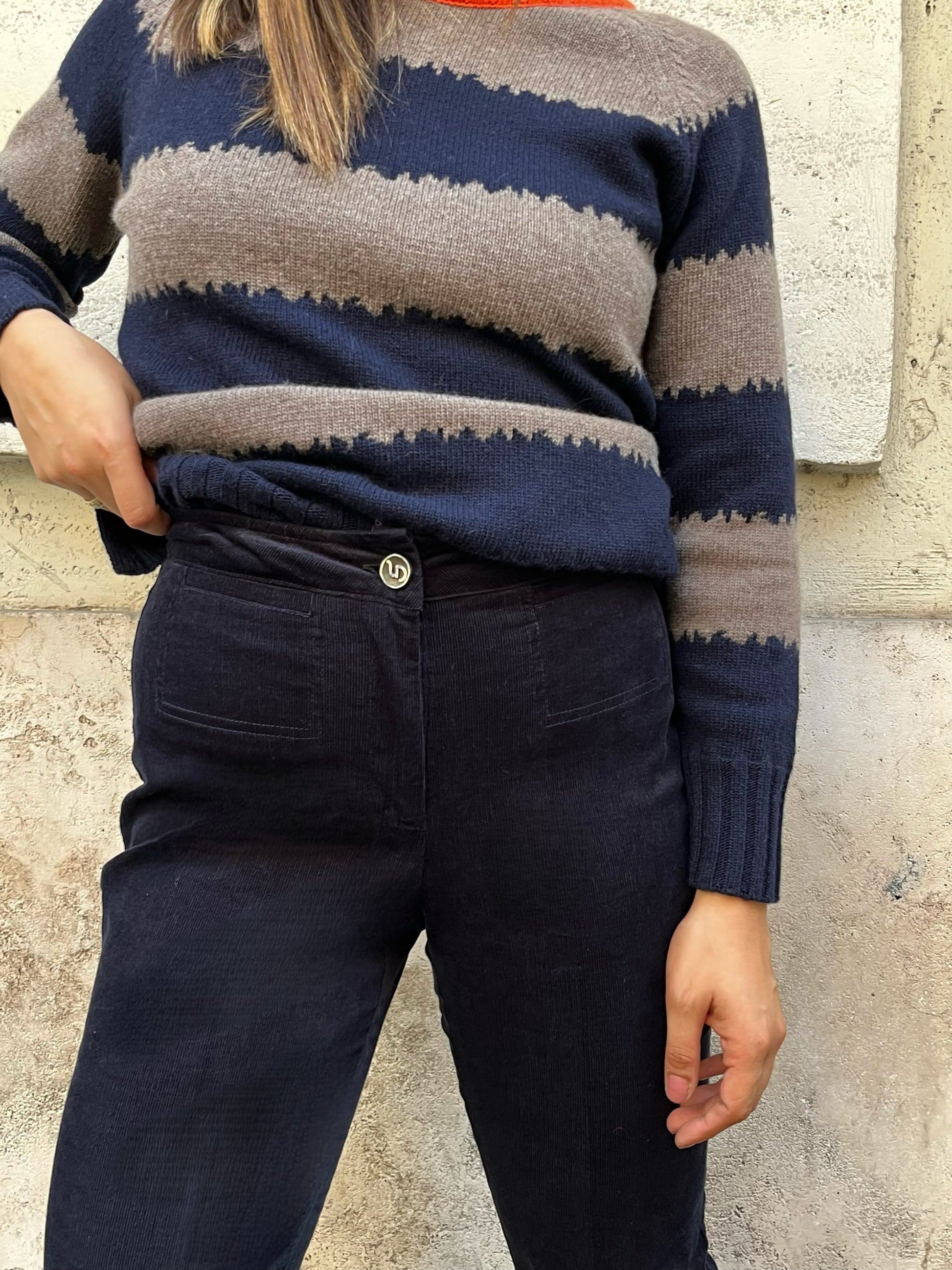 Pantalone Velluto Millerighe Blu Scuro