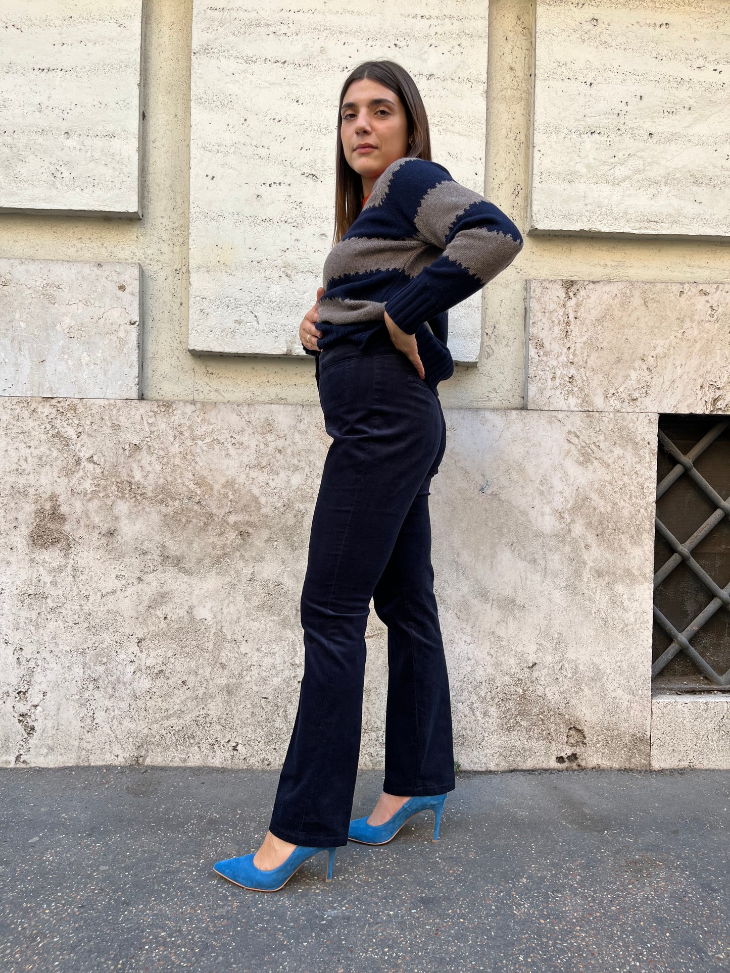 Pantalone Velluto Millerighe Blu Scuro