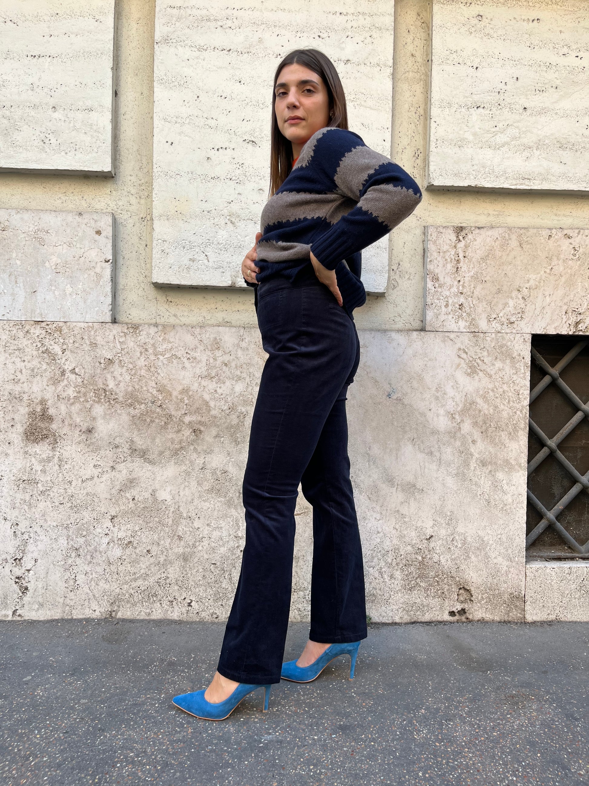 Pantalone Velluto Millerighe Blu Scuro