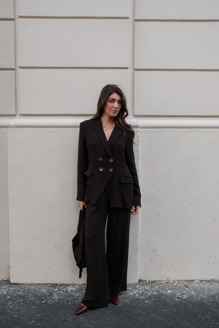 Giacca doppiopetto in crepe di lana marrone scuro