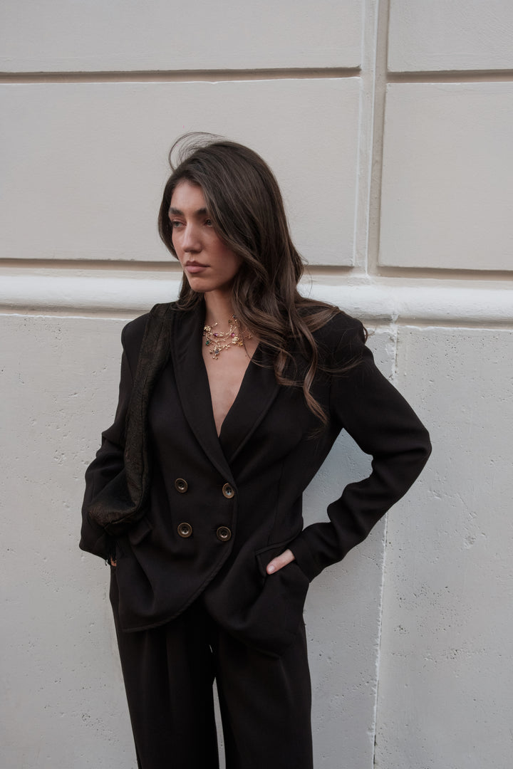 Giacca doppiopetto in crepe di lana marrone scuro