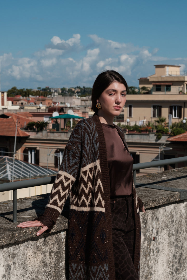 Cardigan lungo donna multicolor con lurex e motivo zig zag
