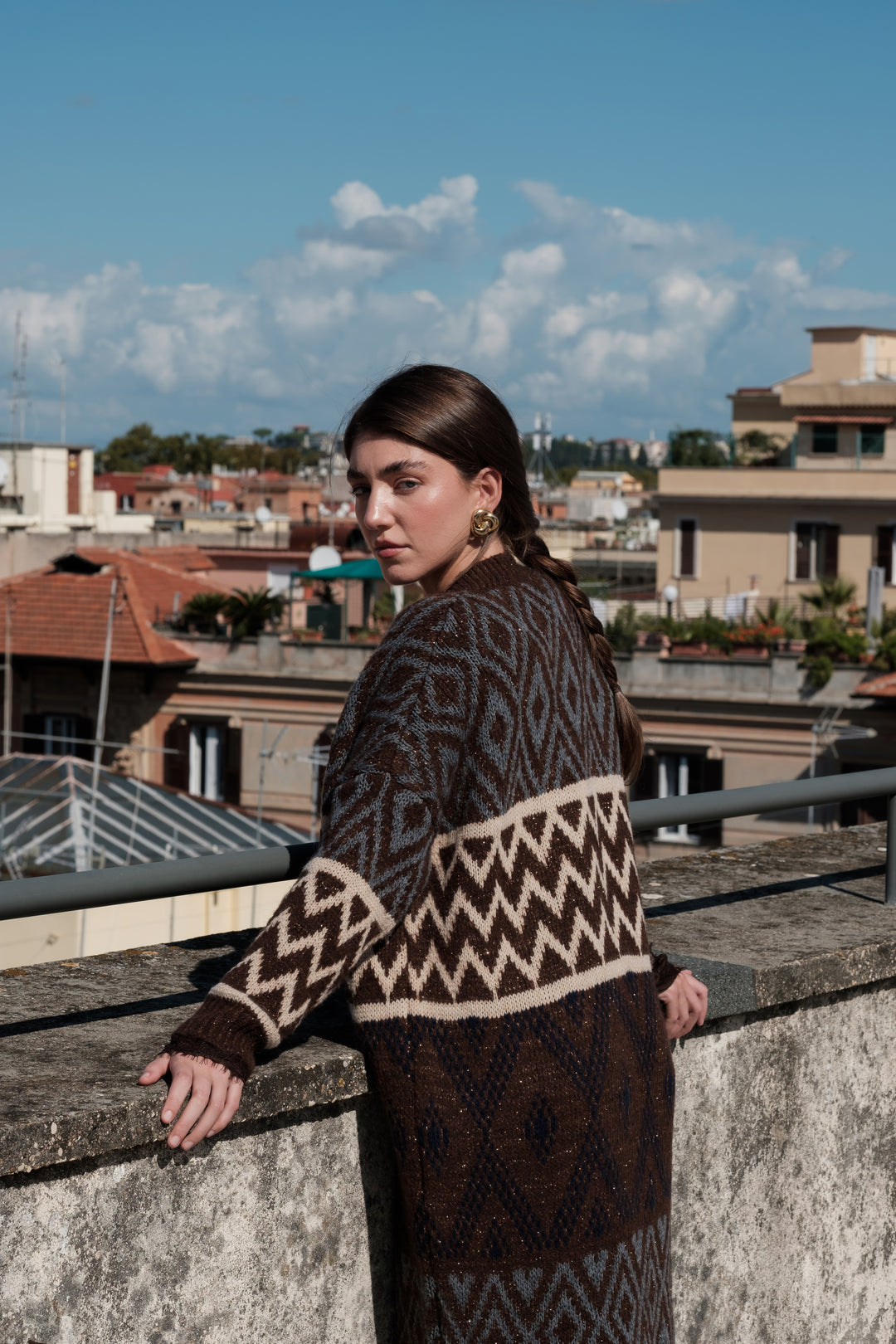 Cardigan lungo donna multicolor con lurex e motivo zig zag