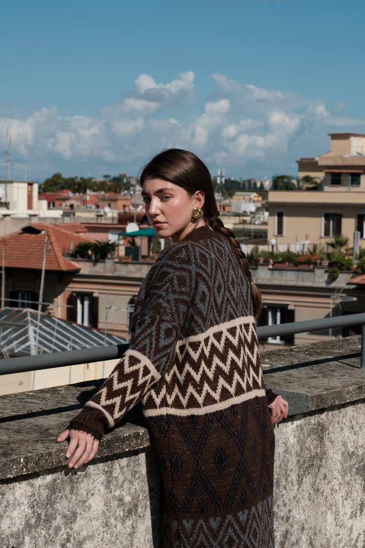 Cardigan lungo donna multicolor con lurex e motivo zig zag
