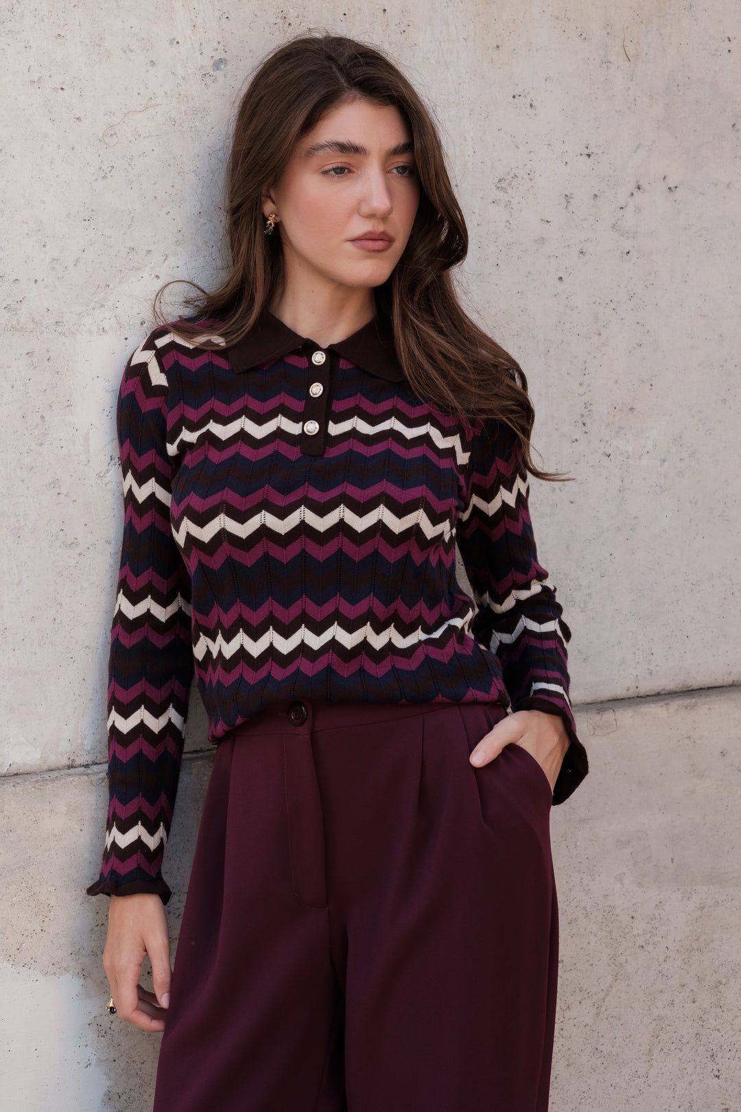 Polo donna in viscosa con fantasia a zig zag multicolor