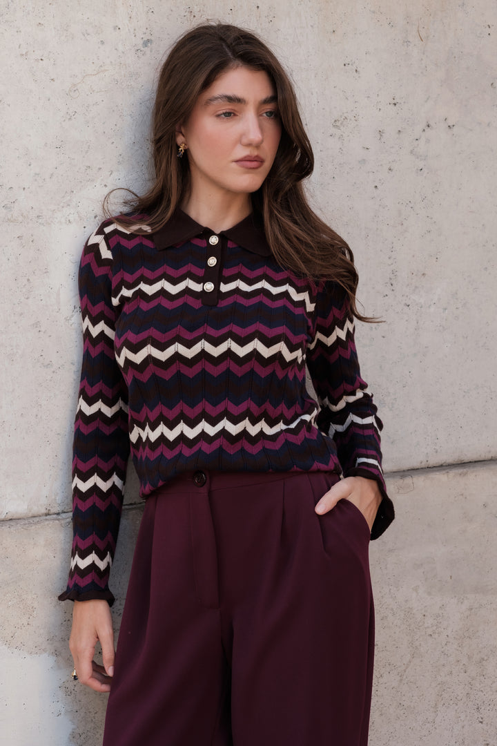 Polo donna in viscosa con fantasia a zig zag multicolor