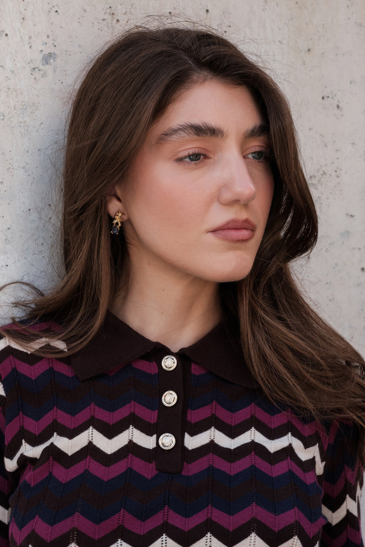 Polo donna in viscosa con fantasia a zig zag multicolor