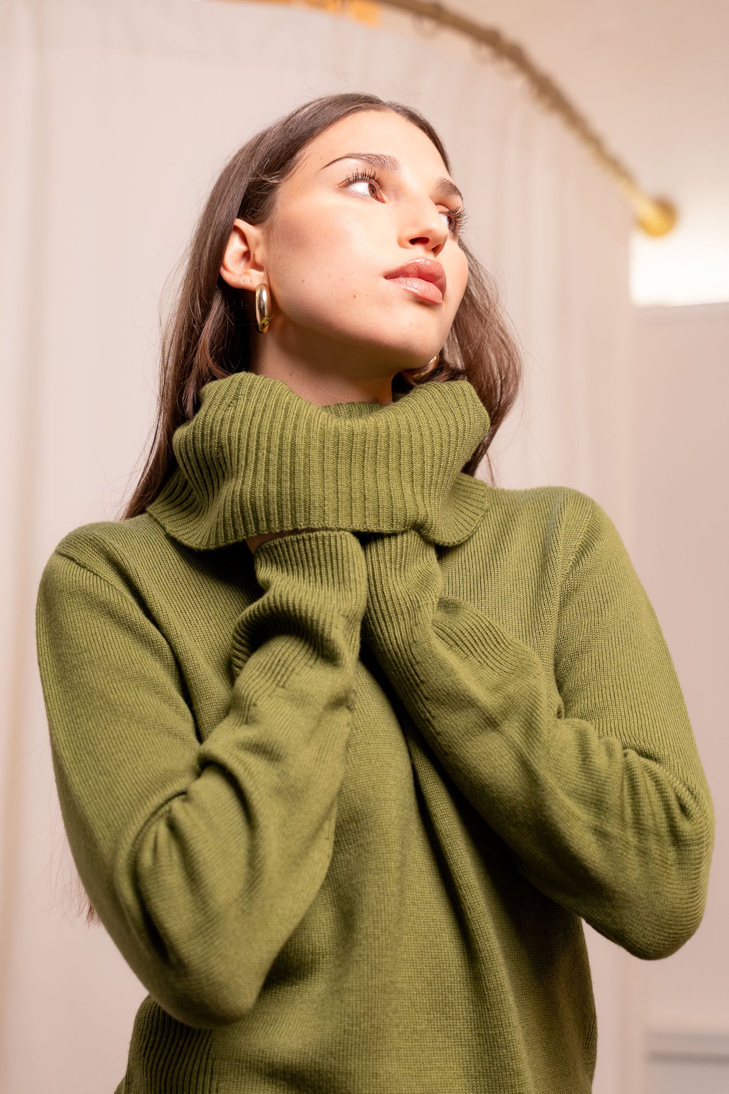 Maglione Collo Alto Verde Oliva Lana Merinos - Made in Biella Italy