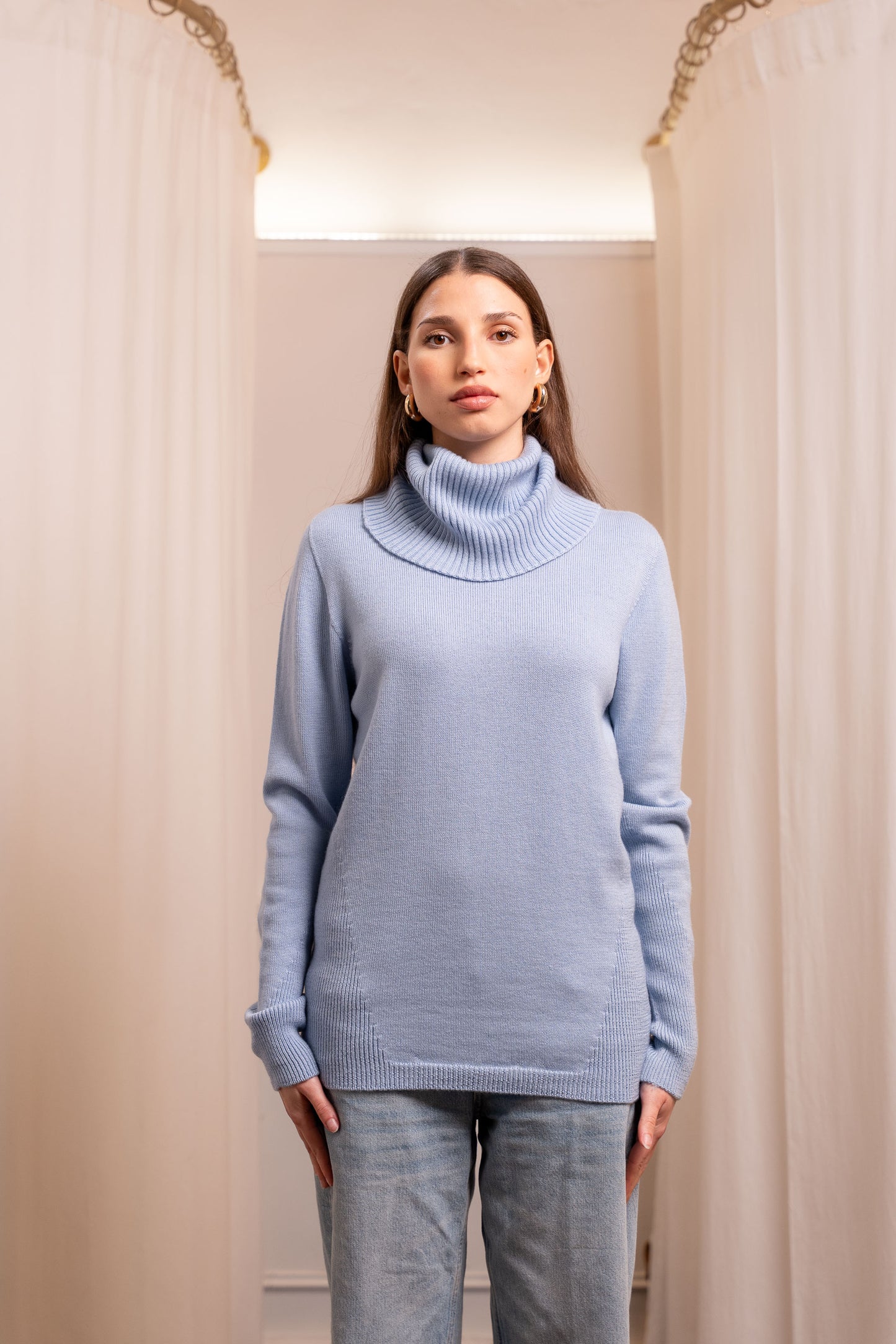 Dolcevita Lana Merinos Baby Blu - Maglione Collo Alto Made in Biella