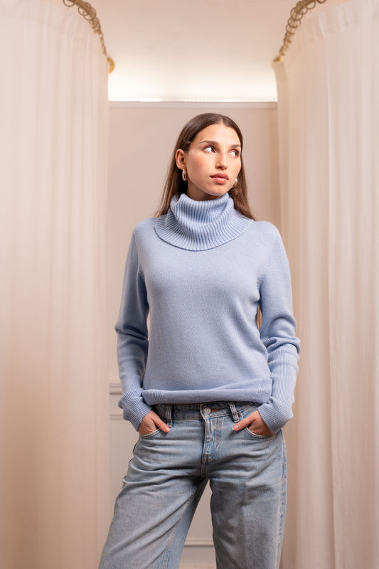 Dolcevita Lana Merinos Baby Blu - Maglione Collo Alto Made in Biella