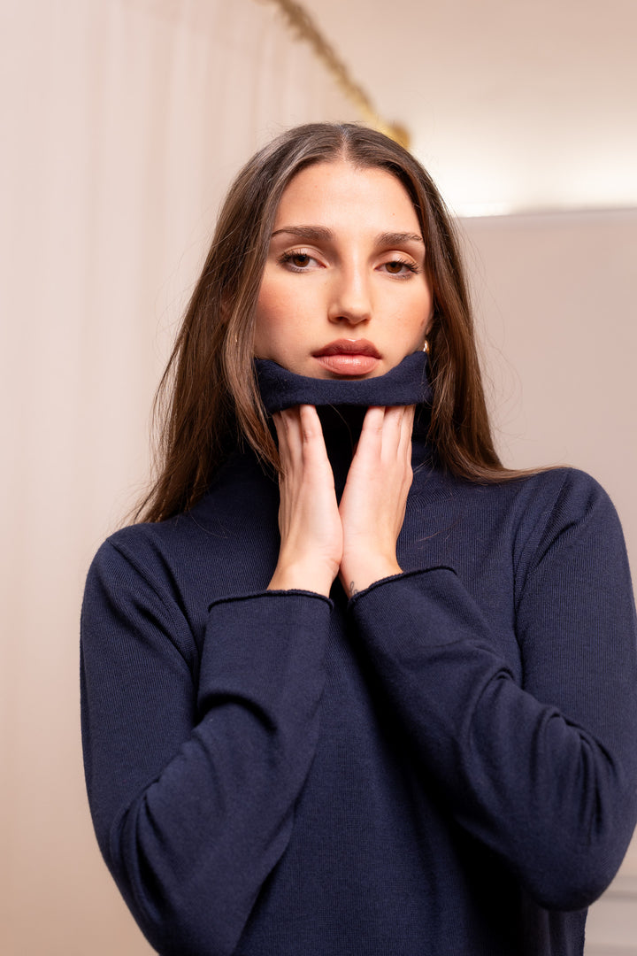 Blue Merino Wool Turtleneck - Fitted Sweater Made in Italy