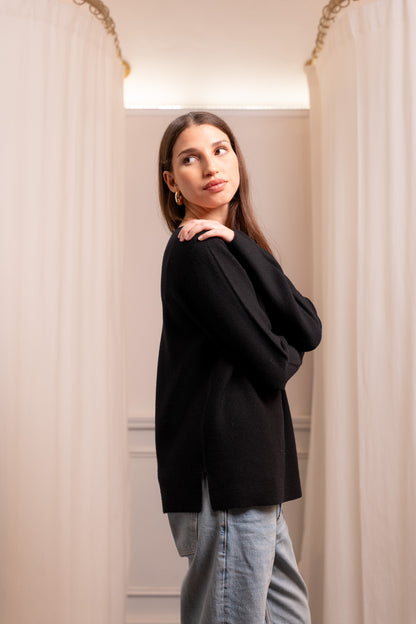 Maglione Lana Vergine Nero - Spacchetti Laterali Made in Biella Italy