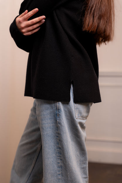 Maglione Lana Vergine Nero - Spacchetti Laterali Made in Biella Italy