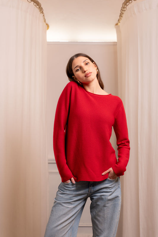 Maglione Lana Vergine Rosso - Spacchetti Laterali Made in Biella Italy