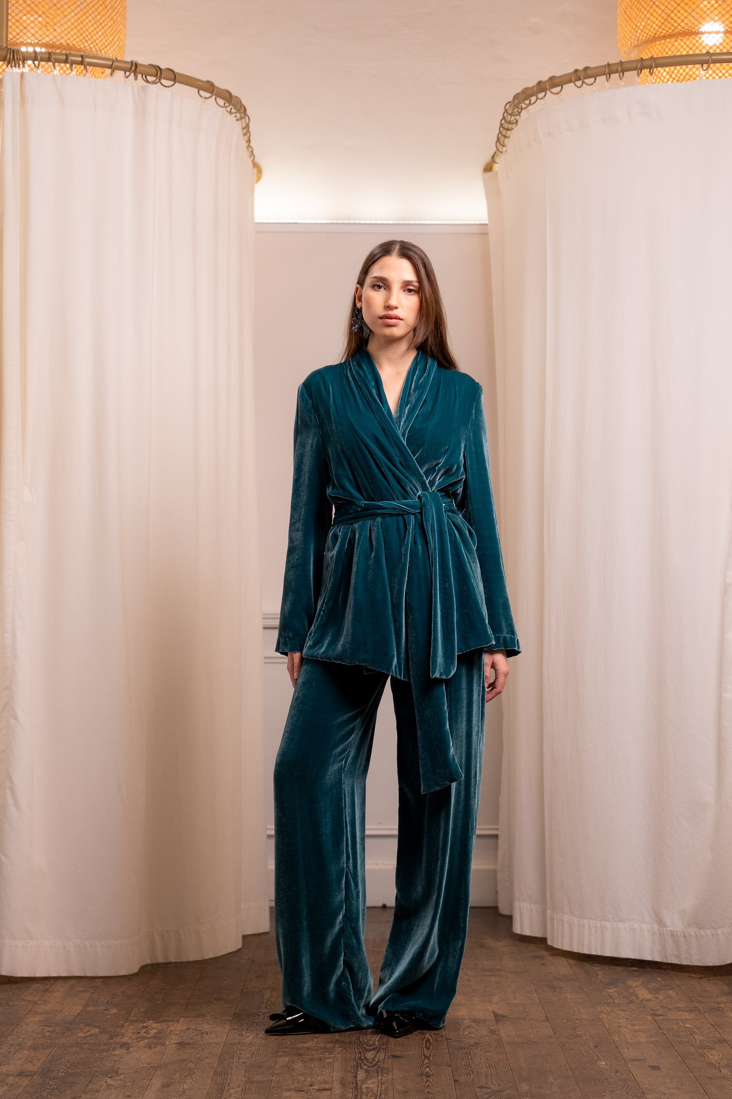 Pantalone Palazzo in Velluto di Seta 100% Ottanio - Made in Italy