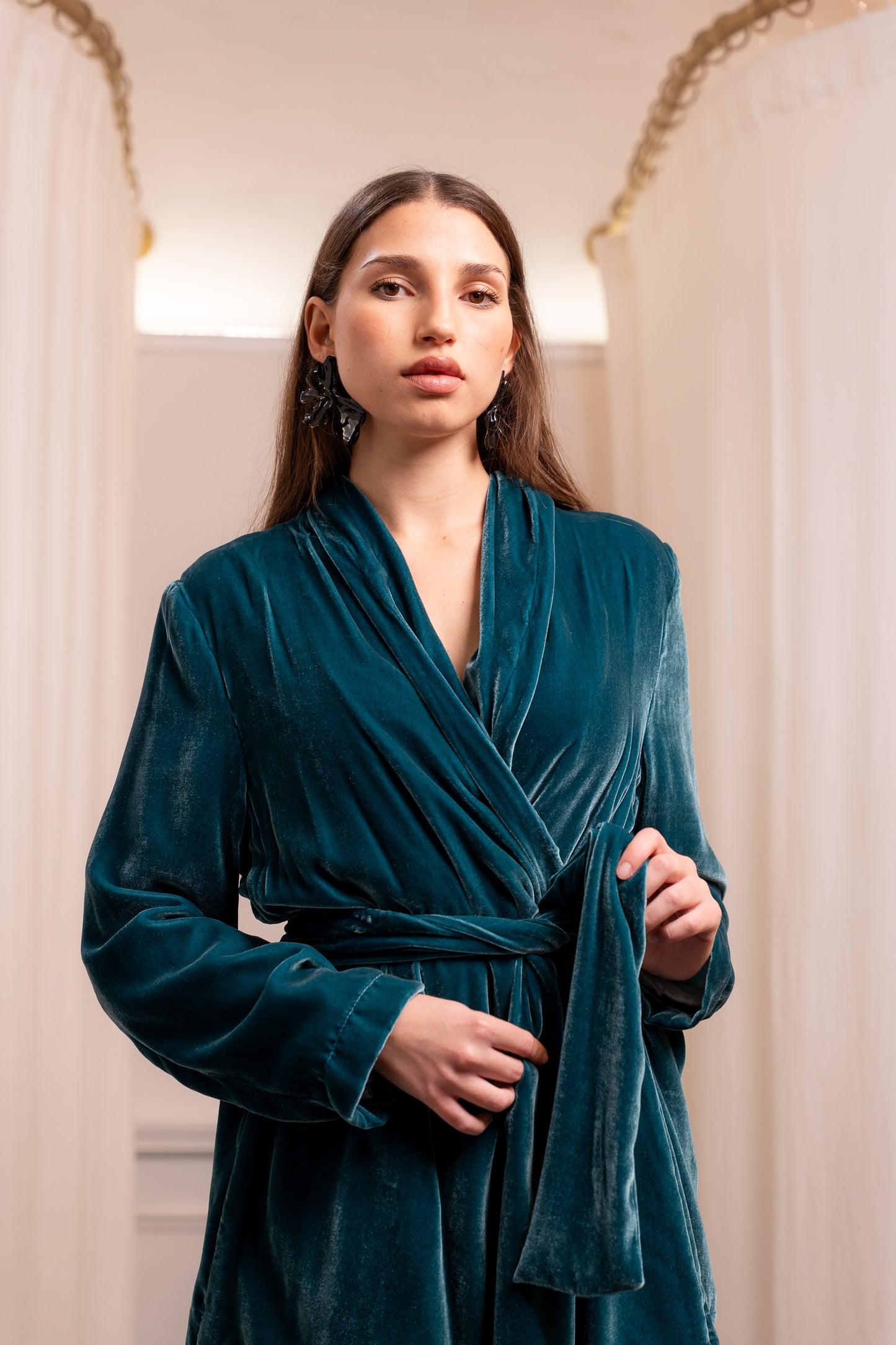 Giacca Kimono in Seta 100% Color Ottanio con Fusciacca