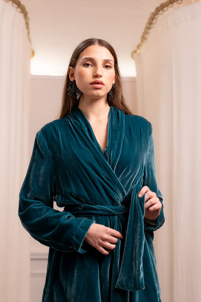 Giacca Kimono in Seta 100% Color Ottanio con Fusciacca