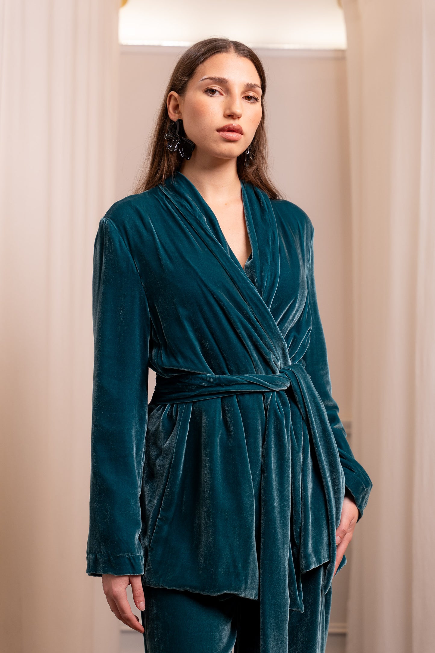 Giacca Kimono in Seta 100% Color Ottanio con Fusciacca